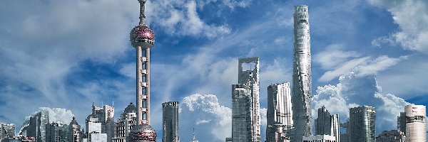 Chiny, Wieżowce, Budynki, Wieża Oriental Pearl Tower, Szanghaj, Dzielnica Pudong, Odbicie