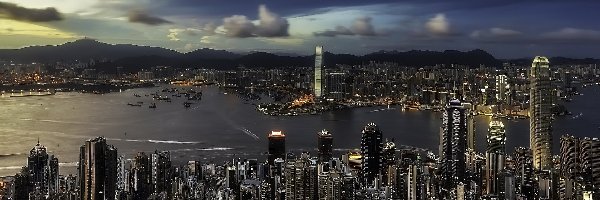 Miasto nocą, Wzgórze Wiktorii, Zatoka Wiktorii, Hongkong, Chiny, Drapacze chmur, Port Wiktorii