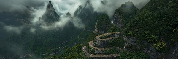 Droga, Kręta, Szczyty, Góra Tianmen, Góry, Chiny, Hunan, Chmury, Zhangjiajie National Forest Park
