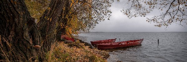 Jezioro, Łódki, Drzewa, Jesień