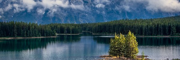 Wysepka, Two Jack London, Kanada, Mgła, Park Narodowy Banff, Drzewa, Góry, Jezioro