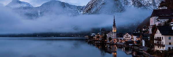Mgła, Góry, Alpy Salzburskie, Hallstatt, Austria, Domy, Jezioro Hallstattersee