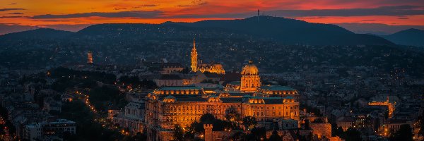 Wzgórza, Oświetlony, Zachód słońca, Zamek Królewski, Węgry, Budapeszt