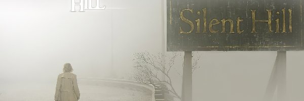 Silent Hill, droga, mgła, kobieta, szyld
