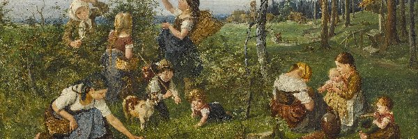 Drzewa, Julius Anton Adam, Domy, Dzieci, Obraz, Malarstwo
