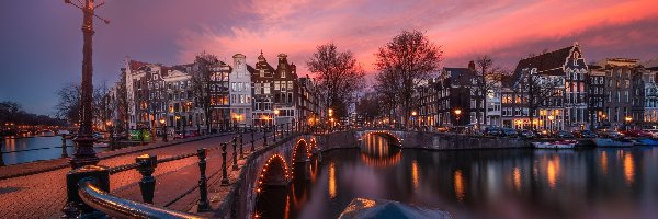 Zachód słońca, Most, Kanał, Amsterdam, Holandia, Światła, Domy