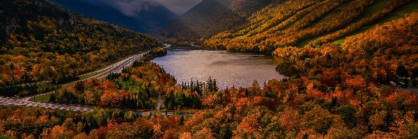 Droga, Jezioro, Stany Zjednoczone, Drzewa, Góry Białe, White Mountains, Lasy, Jesień, Echo Lake, Stan New Hampshire