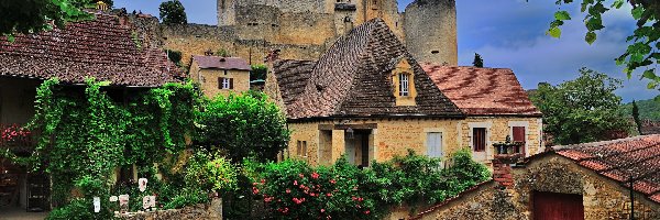 Chateau de Castelnaud, Ulica, Francja, Płot, Zamek, Kwiaty, Roślinność, Domy