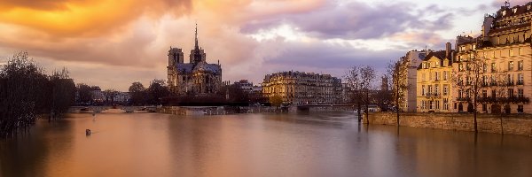 Rzeka Sekwana, Domy, Katedra Notre Dame, Francja, Paryż