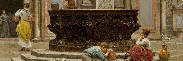 Wenecja, Obraz, Dzieci, Kobiety, Antonio Ermolao Paoletti, Dziedziniec Pałacu Dożów, Studnia, Malarstwo