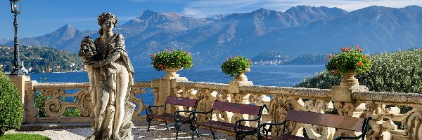Taras, Lago di Como, Alpy, Góry, Włochy, Latarnia, Ławki, Jezioro, Posąg