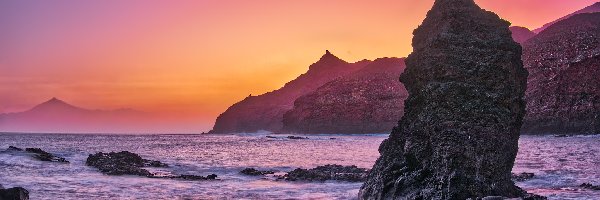 Playa de Caleta, Kamienie, Wybrzeże, Morze, Wschód słońca, Hiszpania, Wyspy Kanaryjskie, Skały, La Gomera
