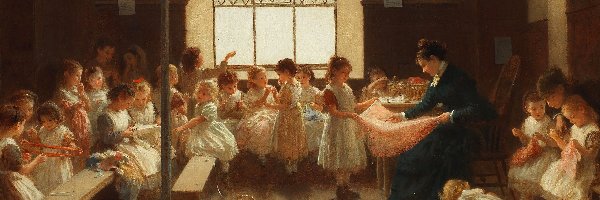 Dzieci, Obraz, Malarstwo, John Morgan, Szycie, Szkoła