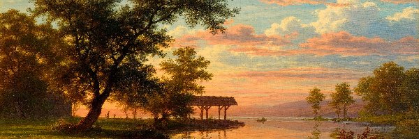 Obraz, Altana, Robert Zund, Malarstwo, Rzeka, Zachód słońca, Drzewa