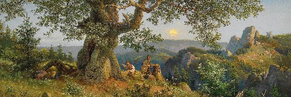 Mężczyźni, Obraz, Malarstwo, Eduard Leonhardi, Drzewo, Wzgórze