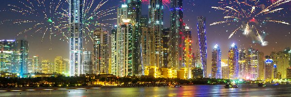 Zjednoczone Emiraty Arabskie, Noc, Dubaj, Fajerwerki, Wieżowce
