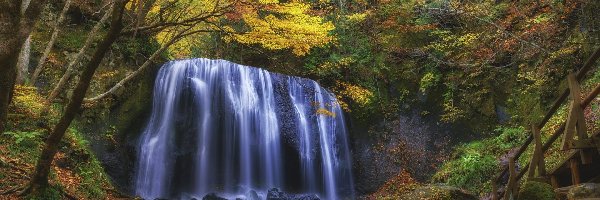 Jesień, Skała, Rzeka, Wodospad, Las, Kamienie, Drzewa