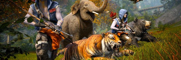 Zwierzęta, Tygrys, Far Cry 4, Niedźwiedź, Gra, Słoń, Postacie, Uzbrojone