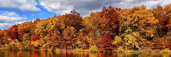 Jesień, Jezioro, Drzewa, Odbicie, Chmury