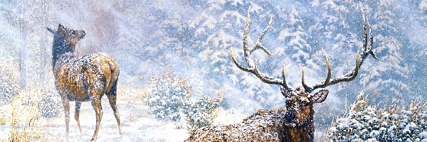 Jorge Mayol, Drzewa, Obraz, Śnieg, Malarstwo, Las, Jelenie, Zima