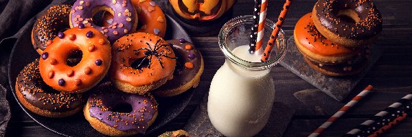 Pączki, Mleko, Donuty, Halloween, Słomki