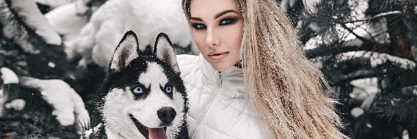 Zima, Pies, Siberian husky, Śnieg, Blondynka, Dziewczyna