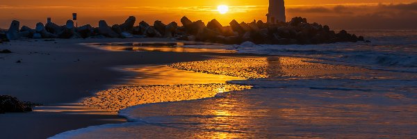 Santa Cruz, Morze, Stany Zjednoczone, Seabright State Beach, Latarnia morska, Walton Lighthouse, Plaża, Wschód słońca, Skały, Kalifornia