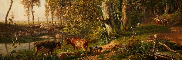 Krowy, Obraz, Drzewa, Las, Paul Gabriel, Koza, Staw, Malarstwo
