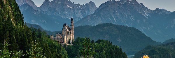Góry, Zamek Neuschwanstein, Bawaria, Zamek Hohenschwangau, Niemcy, Alpy, Drzewa, Lasy