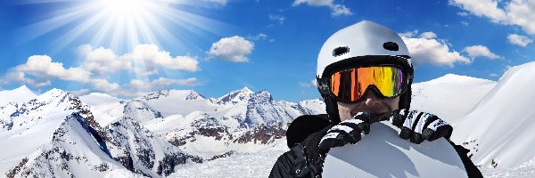 Zima, Snowboarding, Sport, Góry, Mężczyzna, Chmury, Promienie słońca