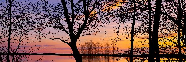 Niebo, Zachód słońca, Pomarańczowe, Drzewa, Jezioro