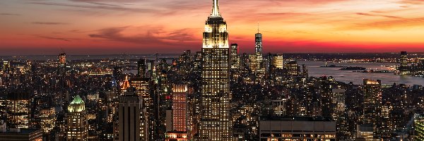 Stany Zjednoczone, Empire State Building, Domy, Wieżowiec, Wschód słońca, Nowy Jork, Manhattan