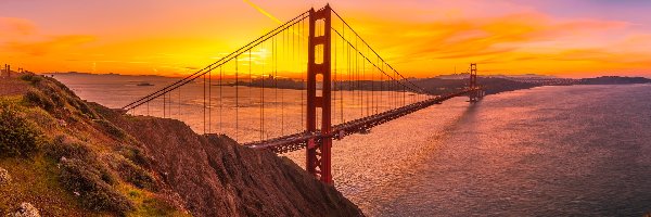 Zachód słońca, Skały, Most, Stan Kalifornia, Stany Zjednoczone, Cieśnina Golden Gate, Golden Gate Bridge