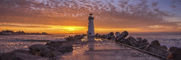 Niebo, Wschód słońca, Latarnia morska Walton Lighthouse, Ptaki, Kamienie, Stany Zjednoczone, Morze, Chmury, Stan Kalifornia, Santa Cruz