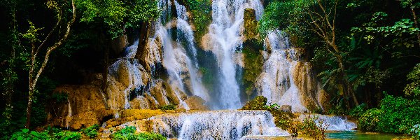Skały, Kuang Si Falls, Laos, Prowincja Louangphrabang, Drzewa, Kaskady, Drzewa, Wodospad