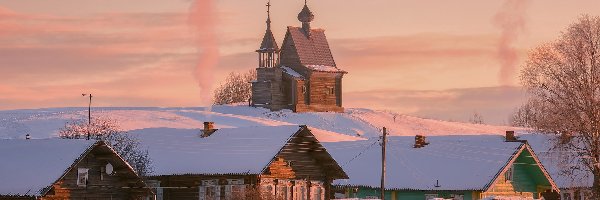 Zima, Cerkiew, Domy, Rosja, Drzewa