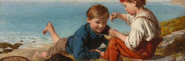 Wędkowanie, William Hemsley, Chłopcy, Morze, Obraz, Malarstwo