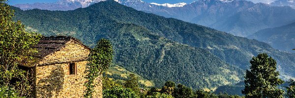Góry, Dom, Himalaje, Nepal, Drzewa