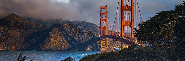 Drzewa, Chmury, Most, Cieśnina, Góry, Stany Zjednoczone, Kalifornia, Golden Gate Bridge, San Francisco