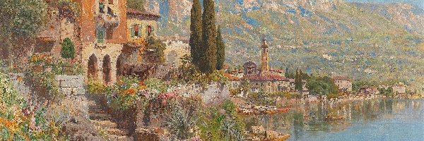 Góry, Włochy, Riva del Garda, Alois Arnegger, Malarstwo, Dom, Jezioro Garda
