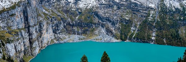 Skały, Kanton Berno, Drzewa, Oeschinen, Alpy Berneńskie, Góry, Jezioro, Szwajcaria