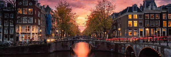 Most, Amsterdam, Zachód słońca, Światła, Kanał Leidsegracht, Drzewa, Domy, Holandia