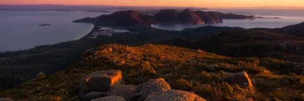 Wschód słońca, Skały, Australia, Tasmania, Kamienie, Półwysep Freycineta, Park Narodowy Freycineta, Morze