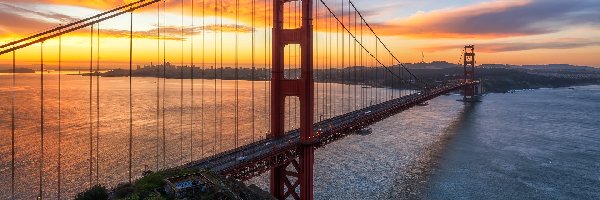 Stany Zjednoczone, Cieśnina Golden Gate, San Francisco, Golden Gate Bridge, Most, Kalifornia, Wschód słońca
