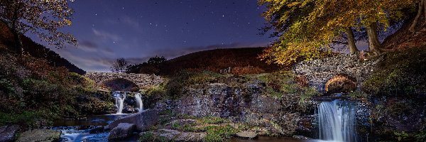 Noc Drzewa, Derbyshire, Mosty, Skały, Peak District, Rzeka, Kaskada, Anglia