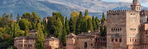 Granada, Drzewa, Pałac Alhambra, Hiszpania, Niebo, Góry
