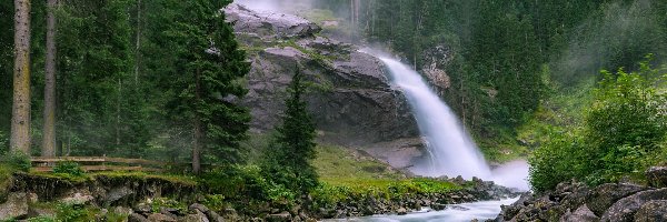 Krimmler, Rzeka, Skała, Drzewa, Las, Austria, Kamienie, Mgła, Wodospad Krimml