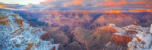 Zachód słońca, Chmury, Grand Caynon, Park Narodowy Wielkiego Kanionu, Kanion, Stany Zjednoczone, Arizona, Niebo, Zima