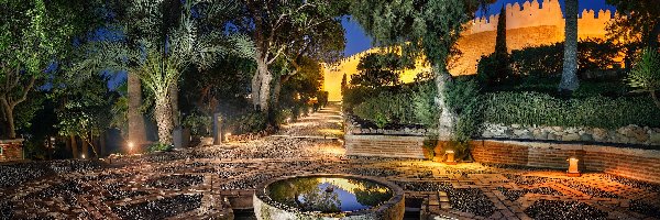 Baszta, Jardin de Al-Andalus, Almeria, Andaluzja, Hiszpania, Drzewa, Palmy, Ogród, Alcazaba