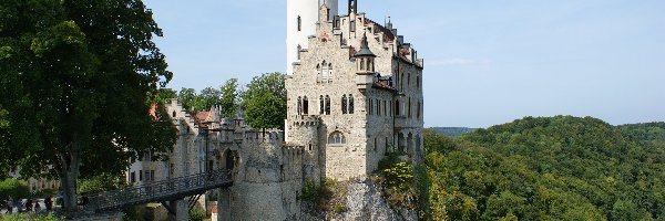 Skała, Wzgórze, Zamek Lichtenstein, Drzewa, Lichtenstein, Niemcy